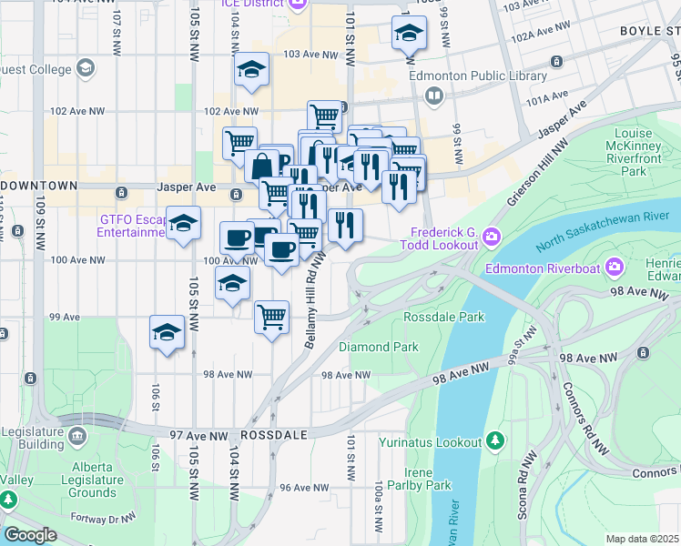map of restaurants, bars, coffee shops, grocery stores, and more near 9945 Bellamy Hill Road Northwest in Edmonton