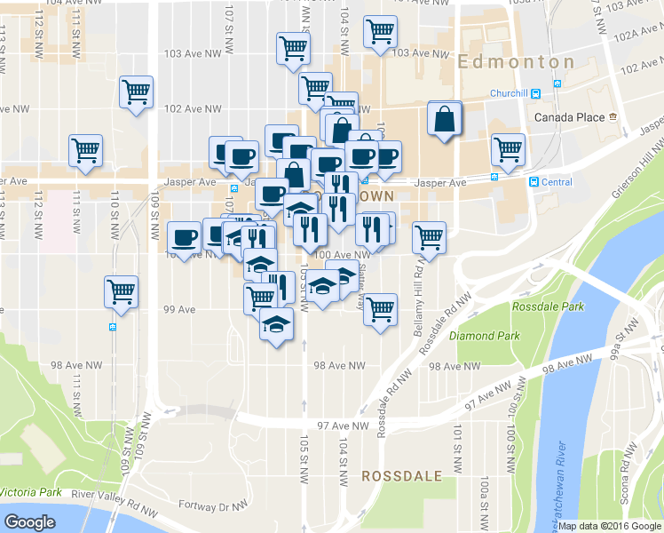map of restaurants, bars, coffee shops, grocery stores, and more near in Edmonton