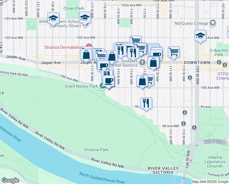 map of restaurants, bars, coffee shops, grocery stores, and more near 11533 100 Avenue Northwest in Edmonton