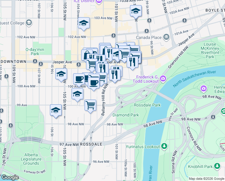 map of restaurants, bars, coffee shops, grocery stores, and more near 10001 Bellamy Hill Road Northwest in Edmonton
