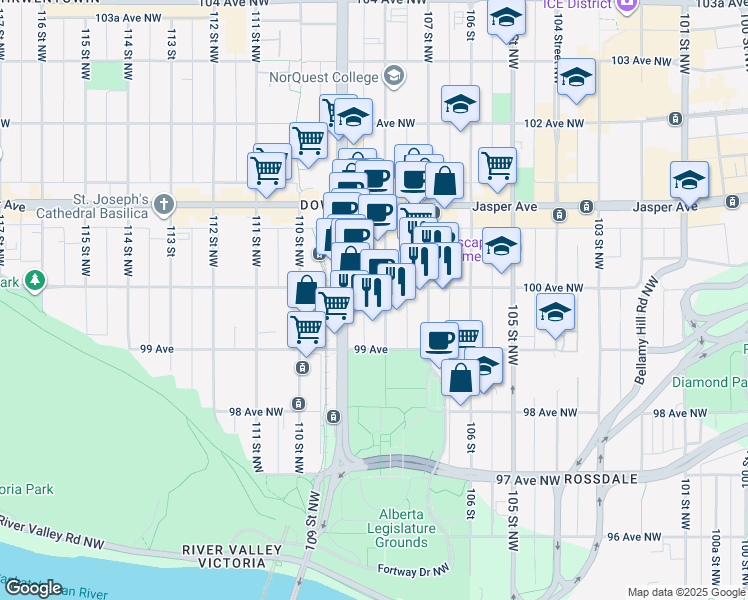 map of restaurants, bars, coffee shops, grocery stores, and more near 9929 108 Street Northwest in Edmonton