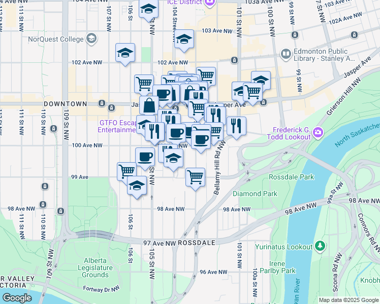 map of restaurants, bars, coffee shops, grocery stores, and more near 10305 100 Avenue Northwest in Edmonton