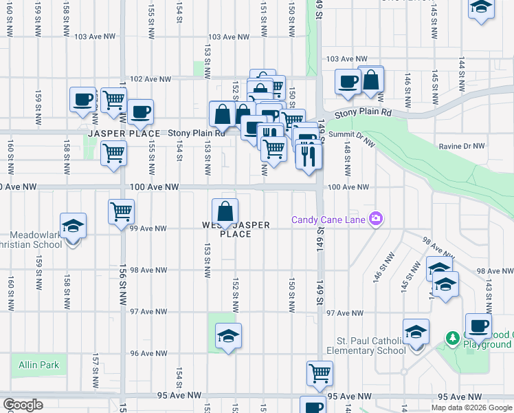 map of restaurants, bars, coffee shops, grocery stores, and more near 9909 151 Street Northwest in Edmonton