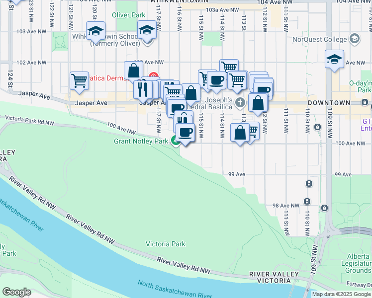 map of restaurants, bars, coffee shops, grocery stores, and more near 11523 100 Avenue Northwest in Edmonton