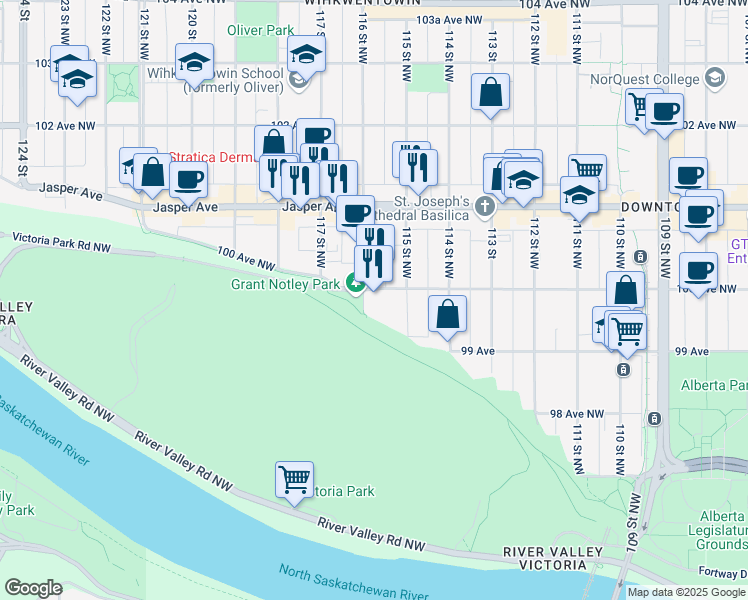 map of restaurants, bars, coffee shops, grocery stores, and more near 11533 100 Avenue Northwest in Edmonton
