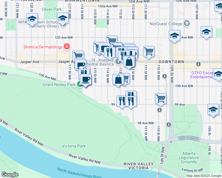 map of restaurants, bars, coffee shops, grocery stores, and more near 11326 99 Avenue in Edmonton