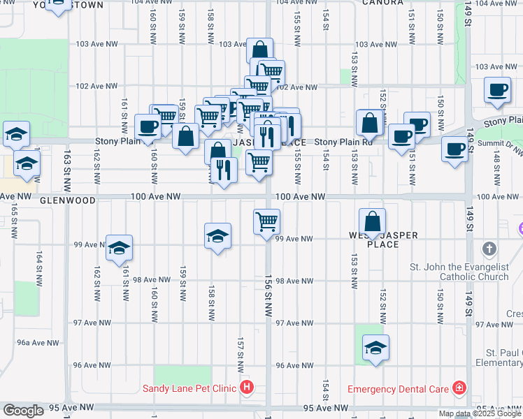 map of restaurants, bars, coffee shops, grocery stores, and more near 10004 156 Street Northwest in Edmonton