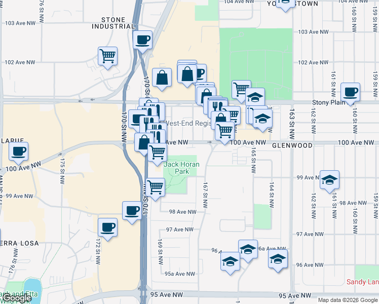 map of restaurants, bars, coffee shops, grocery stores, and more near 10002 168 Street Northwest in Edmonton