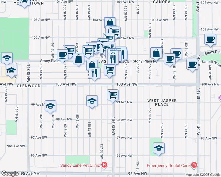 map of restaurants, bars, coffee shops, grocery stores, and more near 15607 100 Avenue Northwest in Edmonton