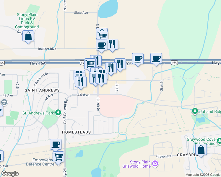 map of restaurants, bars, coffee shops, grocery stores, and more near 4205 A South Park Drive in Stony Plain