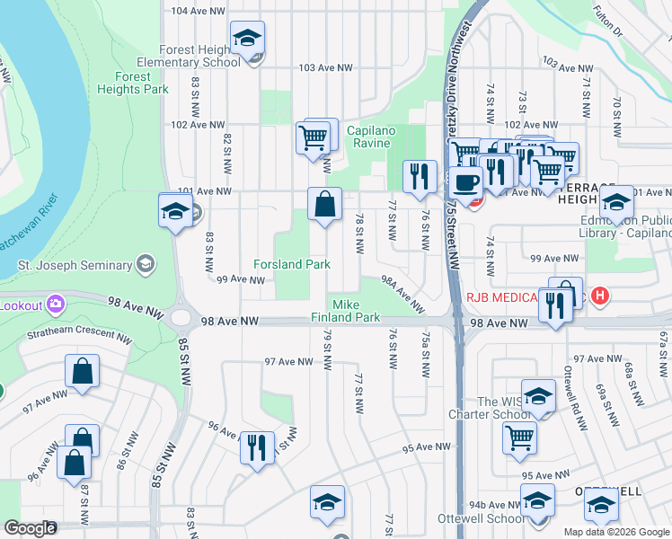 map of restaurants, bars, coffee shops, grocery stores, and more near 9841 79 Street Northwest in Edmonton