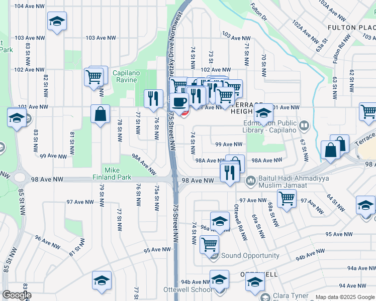 map of restaurants, bars, coffee shops, grocery stores, and more near 7404 99 Avenue Northwest in Edmonton