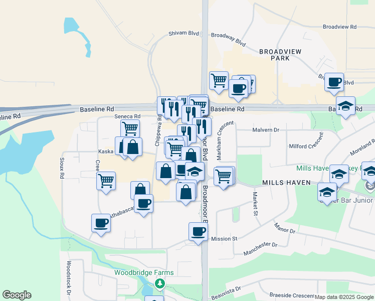 map of restaurants, bars, coffee shops, grocery stores, and more near in Sherwood Park