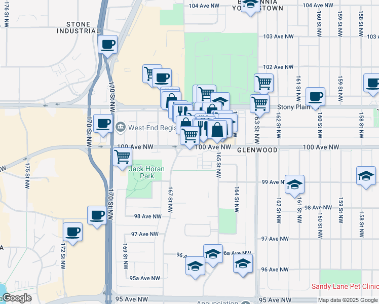 map of restaurants, bars, coffee shops, grocery stores, and more near 9945 167 Street Northwest in Edmonton