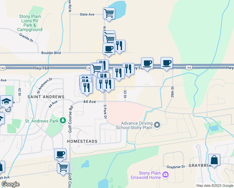 map of restaurants, bars, coffee shops, grocery stores, and more near 4310 33 Street in Stony Plain