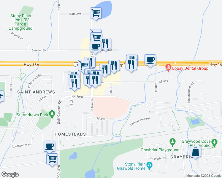 map of restaurants, bars, coffee shops, grocery stores, and more near 33 Street in Stony Plain