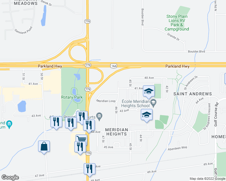 map of restaurants, bars, coffee shops, grocery stores, and more near 118 Meridian Loop in Stony Plain