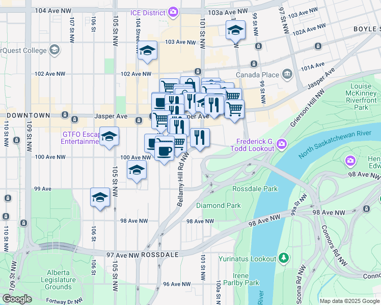 map of restaurants, bars, coffee shops, grocery stores, and more near 10001 Bellamy Hill Road Northwest in Edmonton