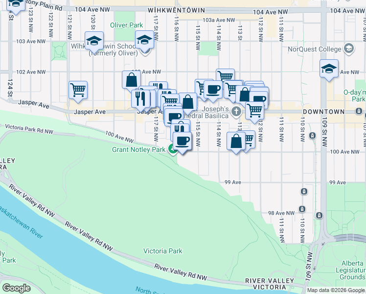 map of restaurants, bars, coffee shops, grocery stores, and more near 10026 116 Street Northwest in Edmonton