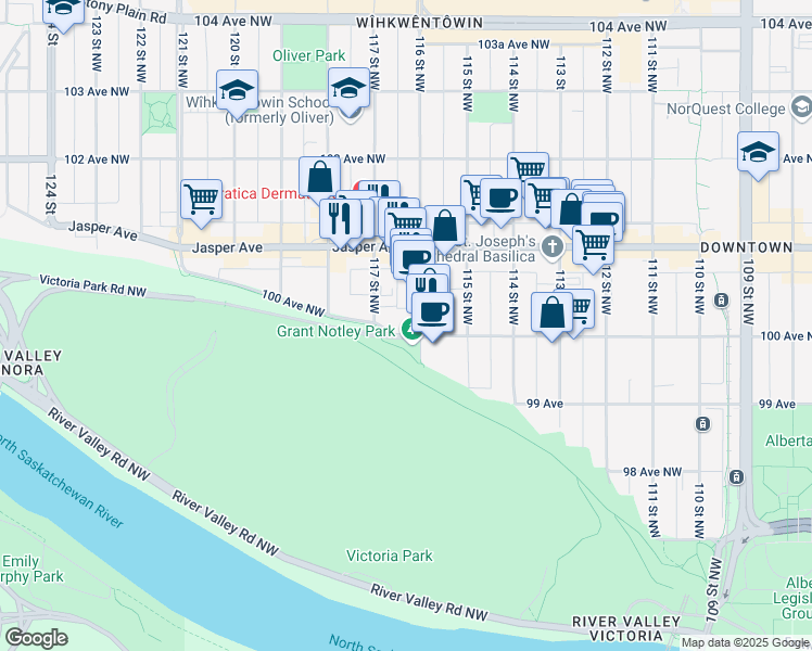 map of restaurants, bars, coffee shops, grocery stores, and more near 10026 116 Street Northwest in Edmonton