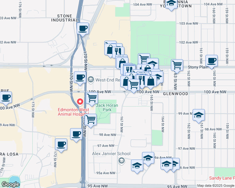 map of restaurants, bars, coffee shops, grocery stores, and more near 16715 100 Avenue Northwest in Edmonton