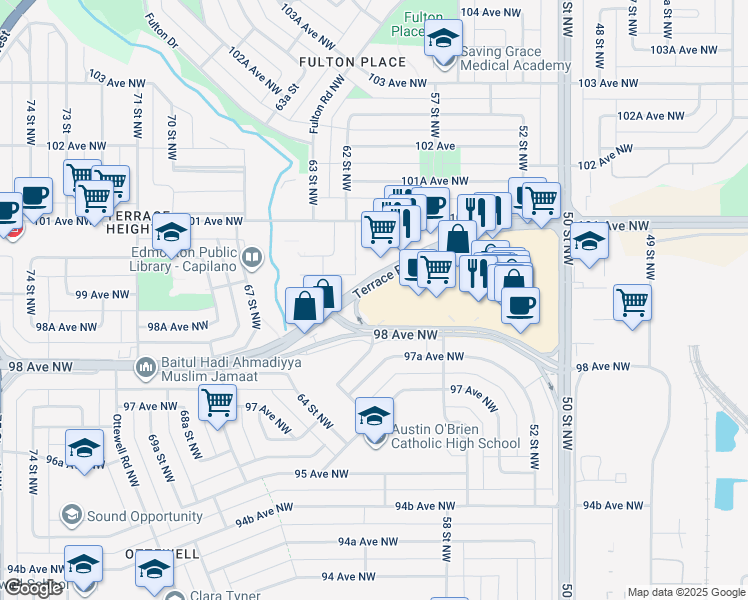map of restaurants, bars, coffee shops, grocery stores, and more near 6015 Terrace Road Northwest in Edmonton
