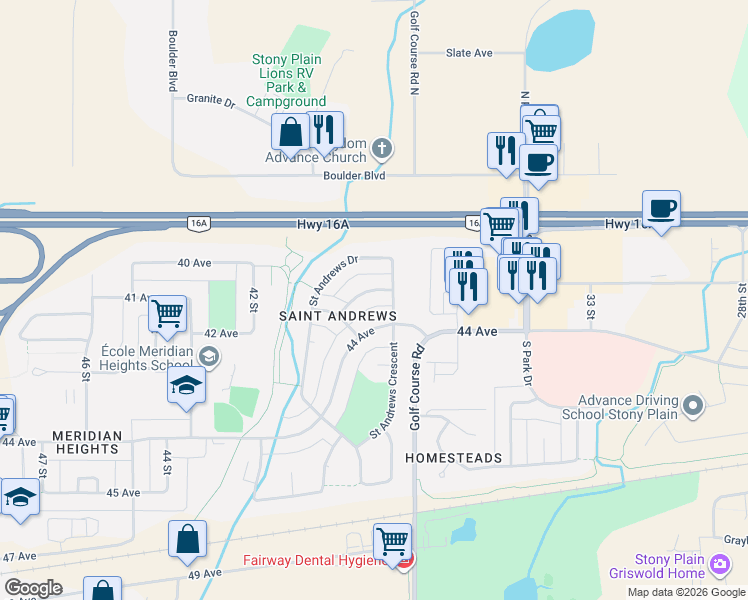 map of restaurants, bars, coffee shops, grocery stores, and more near 1 Saint Andrews Avenue in Stony Plain