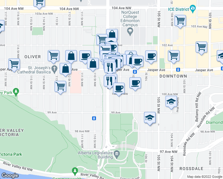 map of restaurants, bars, coffee shops, grocery stores, and more near 10820 100 Avenue Northwest in Edmonton