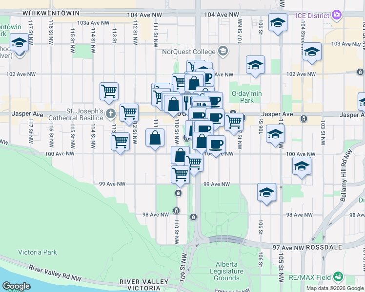 map of restaurants, bars, coffee shops, grocery stores, and more near 10910 100 Avenue Northwest in Edmonton