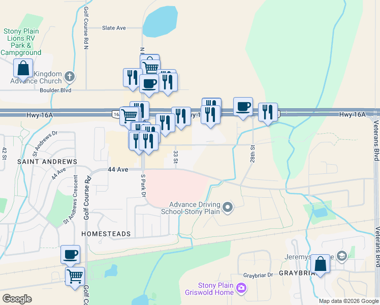 map of restaurants, bars, coffee shops, grocery stores, and more near 4309 33 Street in Stony Plain