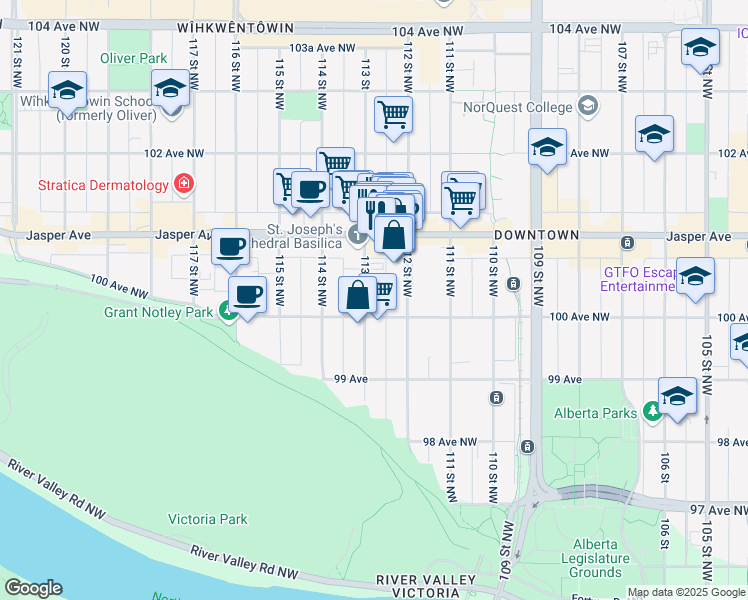 map of restaurants, bars, coffee shops, grocery stores, and more near 10017 113 Street in Edmonton