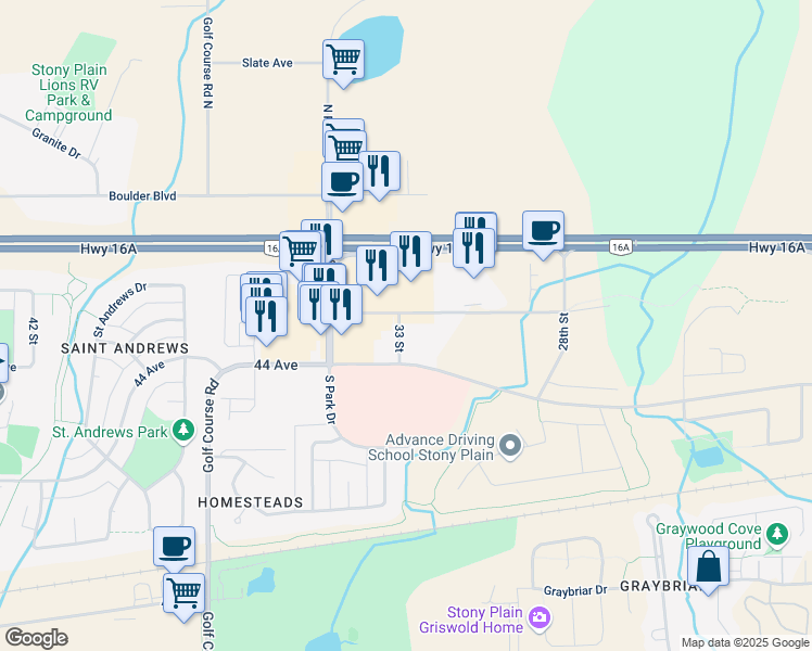 map of restaurants, bars, coffee shops, grocery stores, and more near 4309 33 Street in Stony Plain
