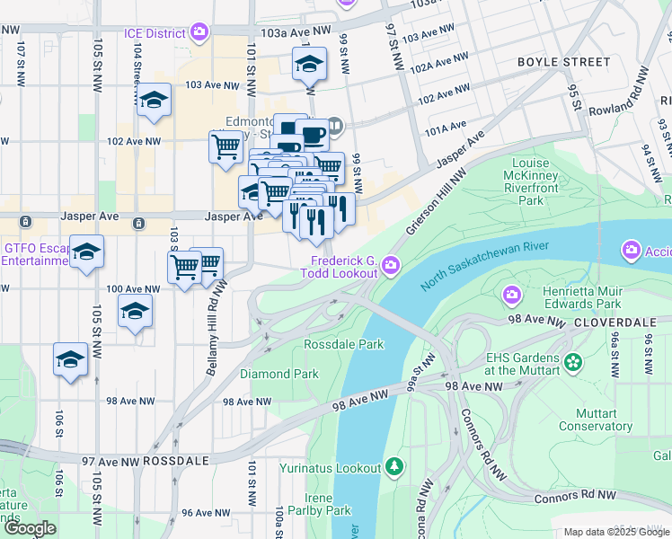 map of restaurants, bars, coffee shops, grocery stores, and more near 10035 100 Street Northwest in Edmonton