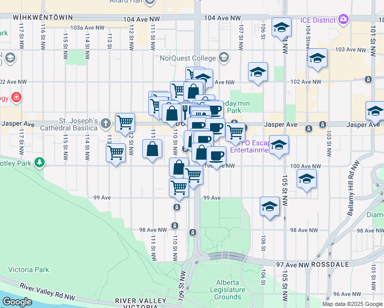 map of restaurants, bars, coffee shops, grocery stores, and more near 10910 100 Avenue Northwest in Edmonton
