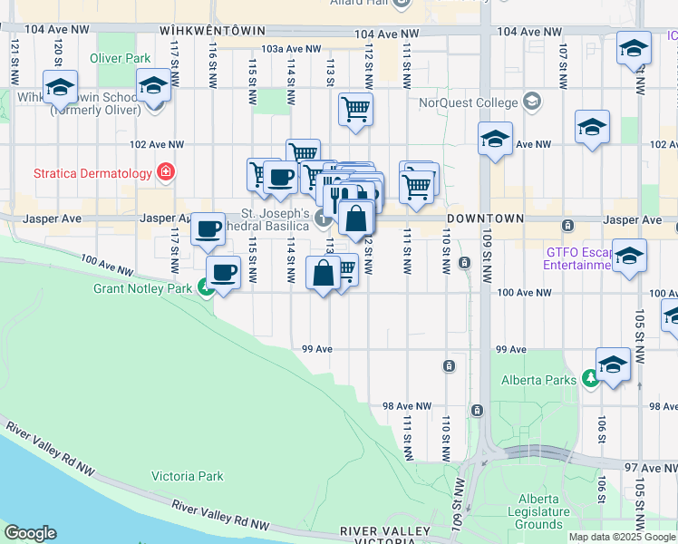 map of restaurants, bars, coffee shops, grocery stores, and more near 10017 113 Street in Edmonton