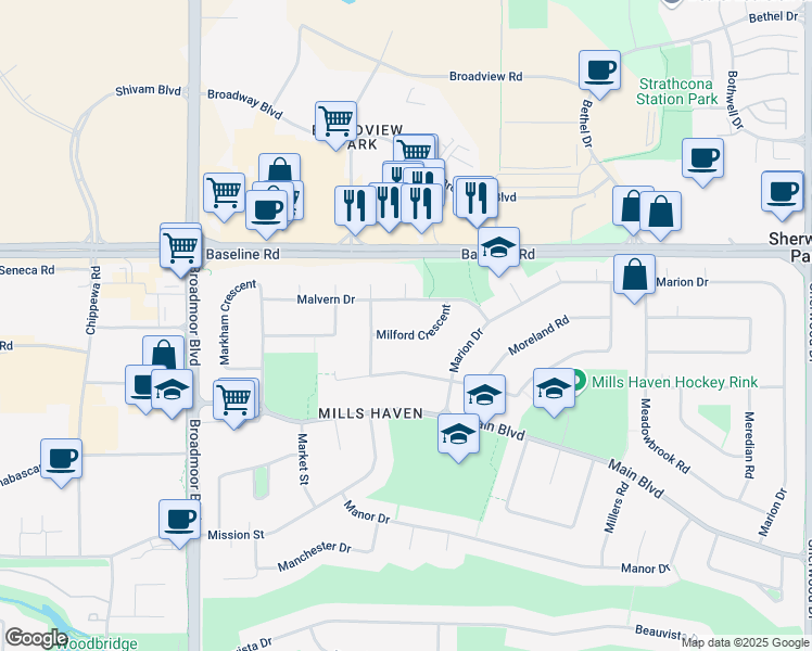 map of restaurants, bars, coffee shops, grocery stores, and more near 10 Milford Crescent in Sherwood Park