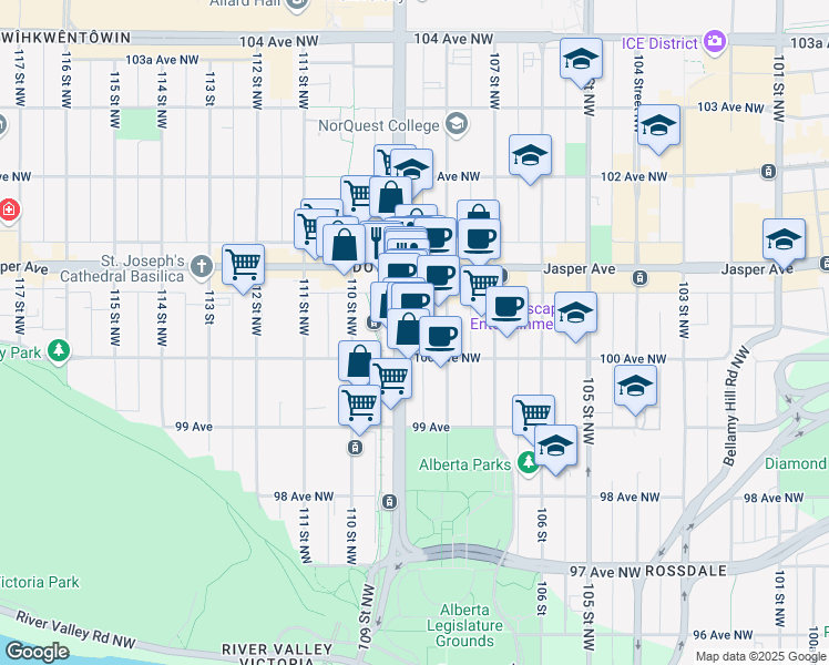 map of restaurants, bars, coffee shops, grocery stores, and more near 10820 100 Avenue Northwest in Edmonton