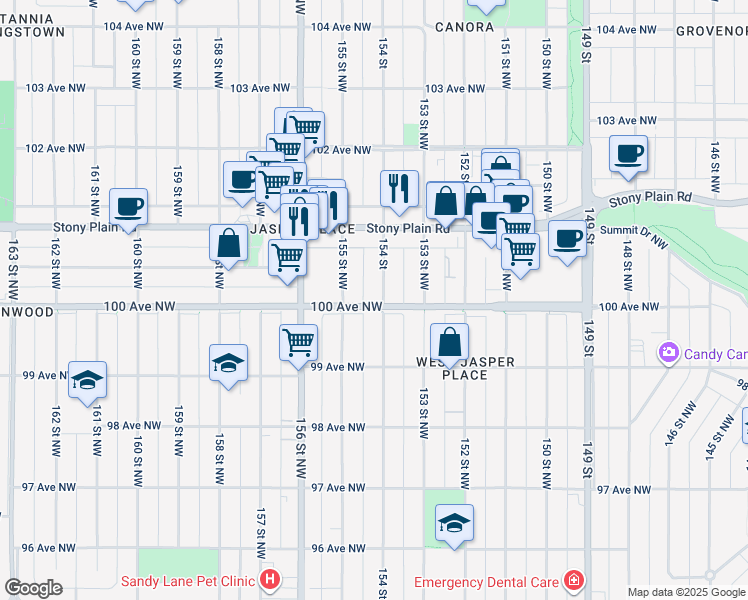 map of restaurants, bars, coffee shops, grocery stores, and more near 15404 100 Avenue Northwest in Edmonton
