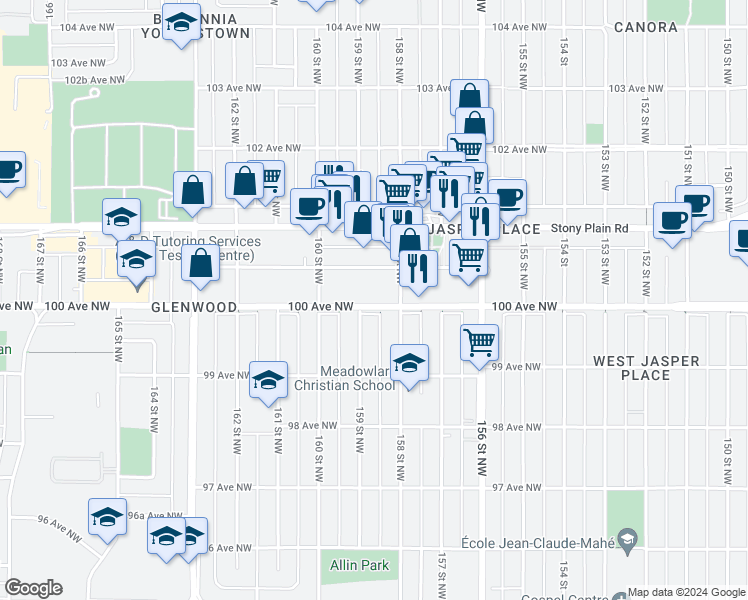 map of restaurants, bars, coffee shops, grocery stores, and more near 15824 100 Avenue Northwest in Edmonton