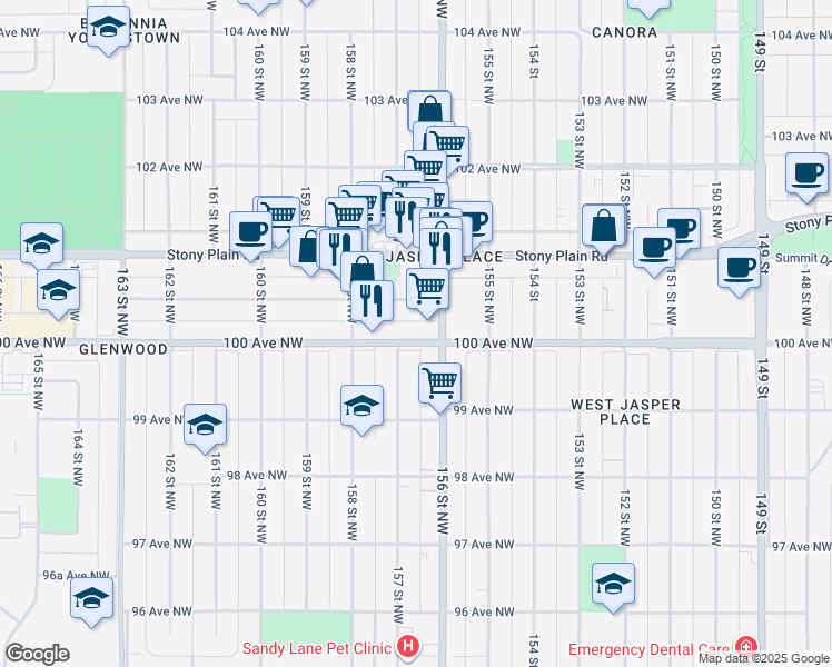 map of restaurants, bars, coffee shops, grocery stores, and more near 15616 100 Avenue Northwest in Edmonton