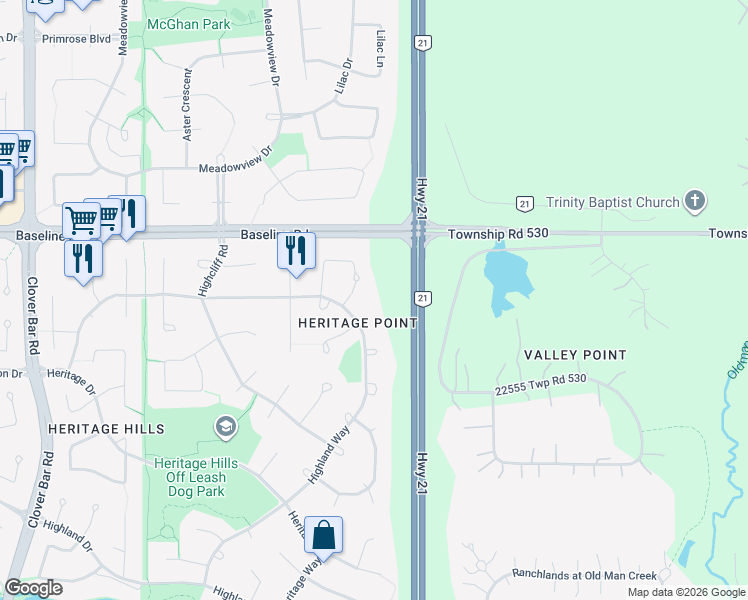 map of restaurants, bars, coffee shops, grocery stores, and more near 86 Highland Way in Sherwood Park
