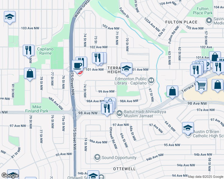 map of restaurants, bars, coffee shops, grocery stores, and more near 7112 99 Avenue Northwest in Edmonton