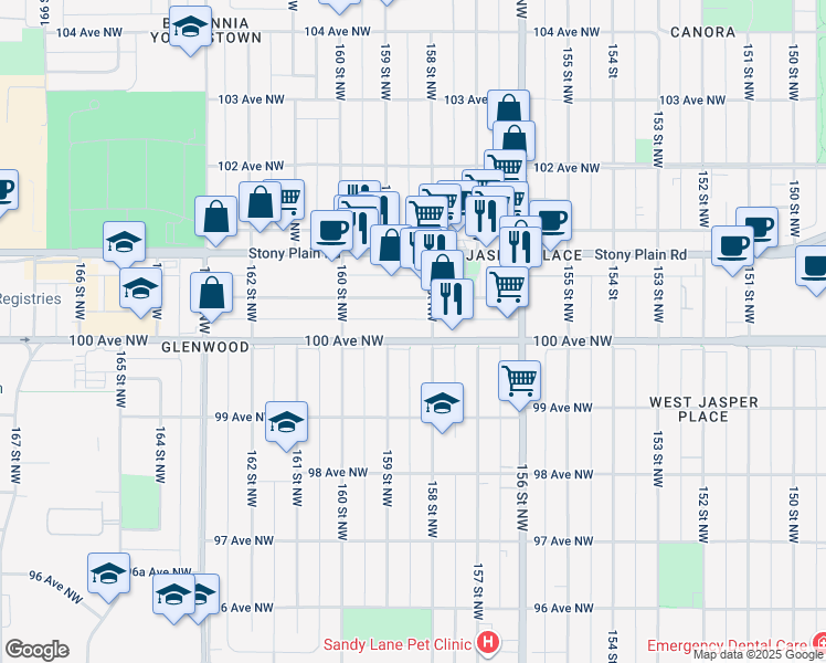 map of restaurants, bars, coffee shops, grocery stores, and more near 15824 100 Avenue Northwest in Edmonton