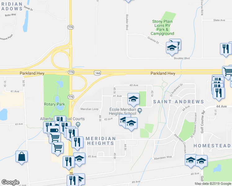 map of restaurants, bars, coffee shops, grocery stores, and more near 4007 45 Street in Stony Plain