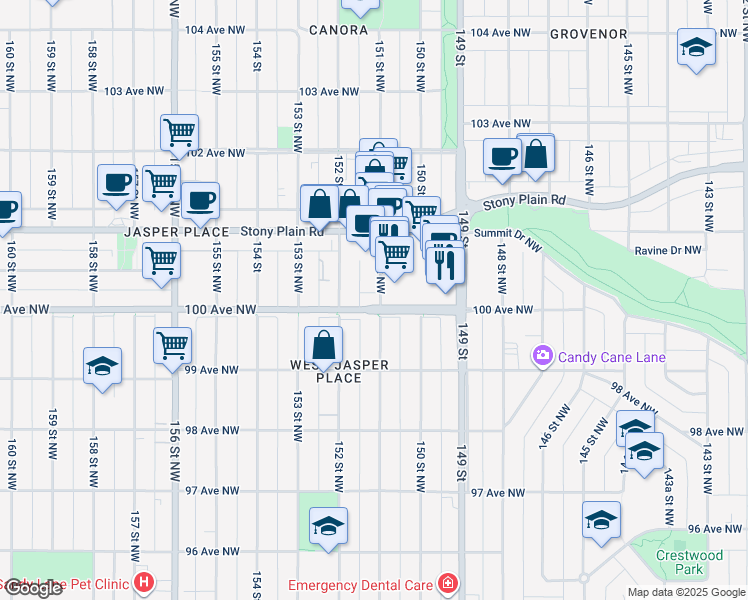 map of restaurants, bars, coffee shops, grocery stores, and more near 10008 151 Street Northwest in Edmonton