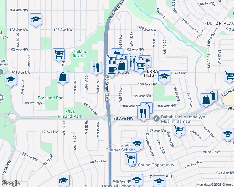 map of restaurants, bars, coffee shops, grocery stores, and more near 7404 99 Avenue Northwest in Edmonton