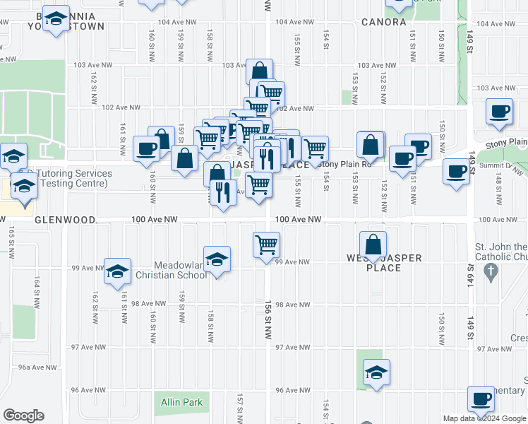 map of restaurants, bars, coffee shops, grocery stores, and more near 10004 156 Street Northwest in Edmonton