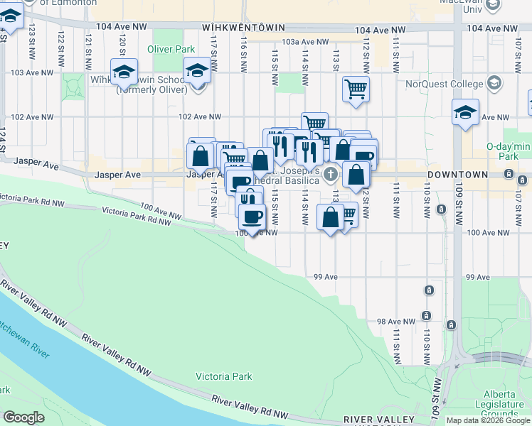 map of restaurants, bars, coffee shops, grocery stores, and more near 10020 115 Street Northwest in Edmonton