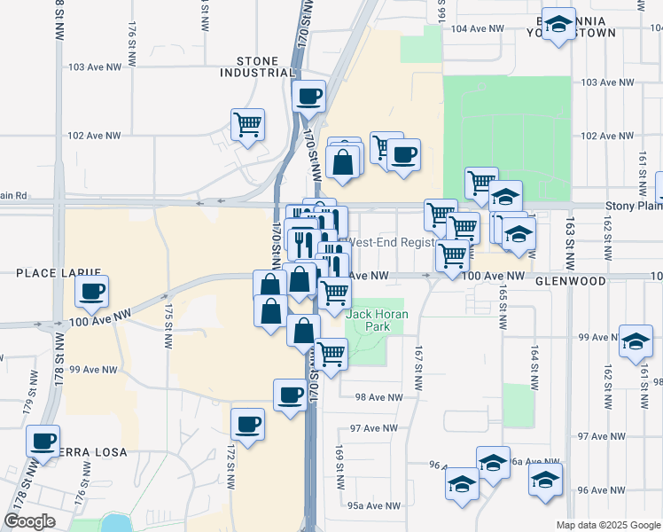 map of restaurants, bars, coffee shops, grocery stores, and more near 10005 170 Street Northwest in Edmonton