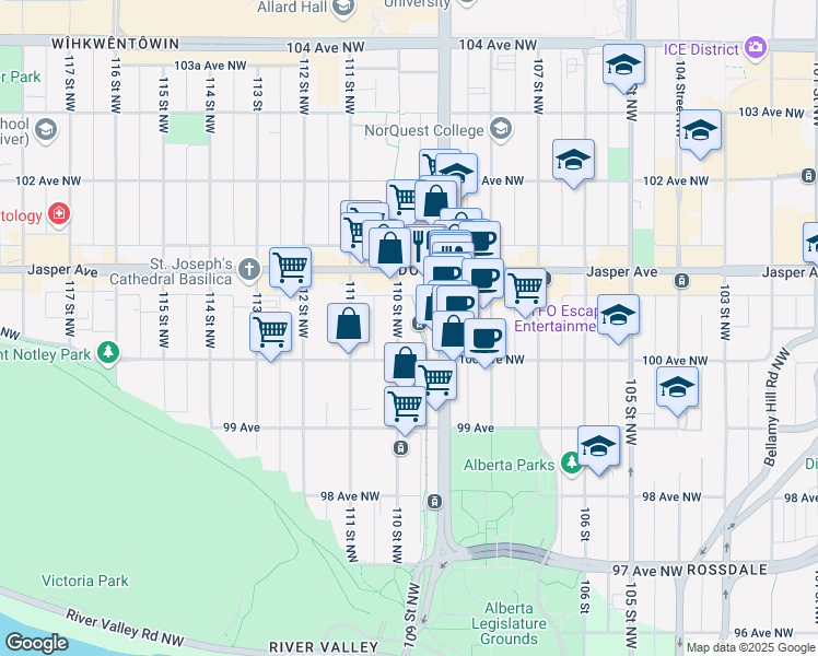 map of restaurants, bars, coffee shops, grocery stores, and more near 10023 110 Street Northwest in Edmonton